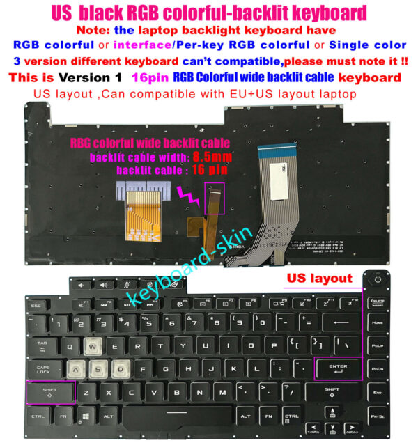 Bàn phím laptop Asus ROG Strix Scar III G G531 GL531 GL531G G512 G512L (LED RGB, BH 6TH) *CÁP LED DẸP 16 CHÂN*